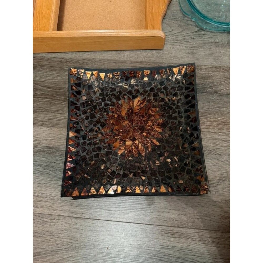 Handmade Copper Glass Mosaic Plate | Square Starburst Boho Wall Decor, Centerpie
